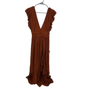 Free People Extratropical Maxi Dress Rust Brown Gauze Ruffle V-Neck Boho Small